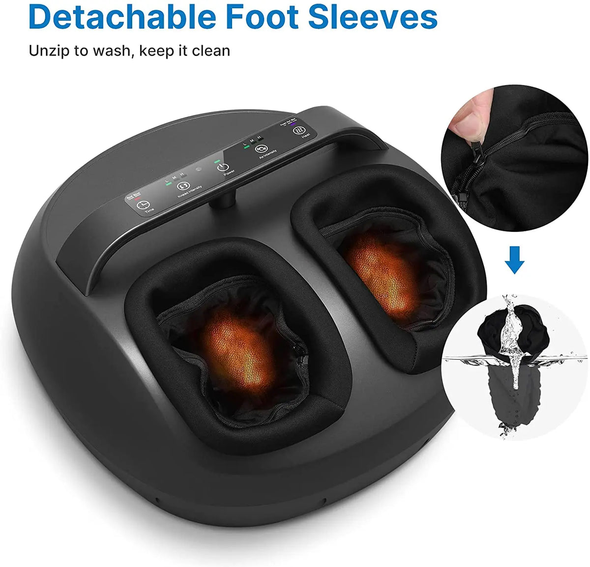 Top view of the Shiatsu Foot Massager with Handle by Renpho EU with two foot slots, each illuminated with a warm orange light. The text "Detachable Foot Sleeves" appears above the device, with a sub-message "Unzip to wash, keep it clean." The image also shows a close-up of a hand unzipping one sleeve and an illustration of the sleeve being washed.