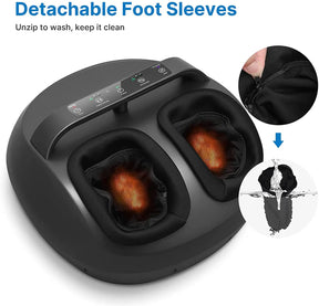 Top view of the Shiatsu Foot Massager with Handle by Renpho EU with two foot slots, each illuminated with a warm orange light. The text "Detachable Foot Sleeves" appears above the device, with a sub-message "Unzip to wash, keep it clean." The image also shows a close-up of a hand unzipping one sleeve and an illustration of the sleeve being washed.