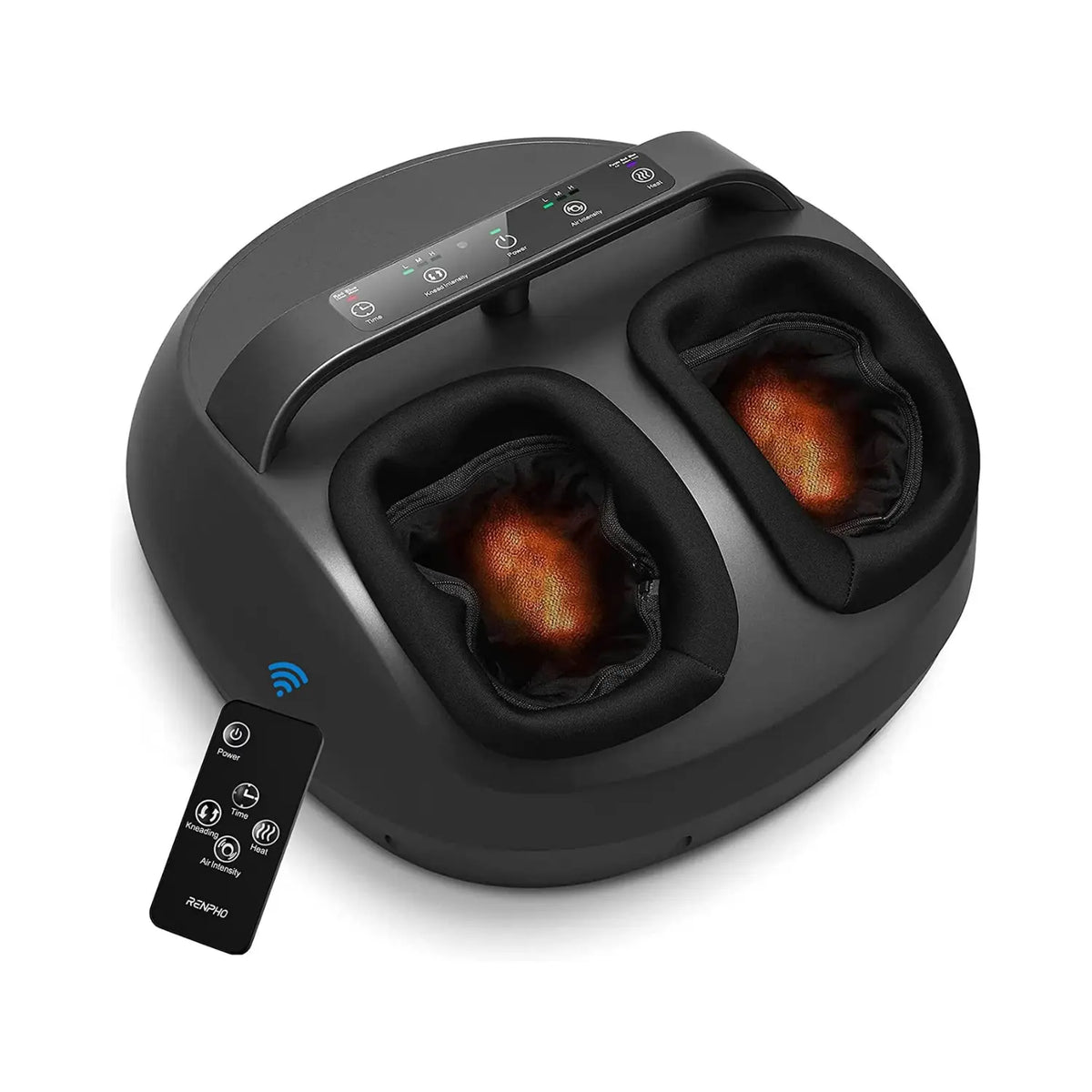 A Renpho EU Shiatsu Foot Massager with Handle, with two deep slots for feet, featuring a control panel with multiple settings on the top surface. Equipped with shiatsu kneading, it offers an exceptional foot massage experience. The device includes a wireless remote with various icons and buttons for easy adjustments, and the inside of the slots are illuminated.