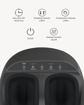 Close-up of a black Renpho EU Shiatsu Foot Massager Premium with control panel. Visible buttons: Auto Shut Off 15/30 mins, Kneading Intensity (Low/Medium/High), Compression Intensity (Low/Medium/High), On/Off, and Heating Function On/Off. Icons accompany each function above the buttons, ensuring a deep kneading foot massage to relax your body.