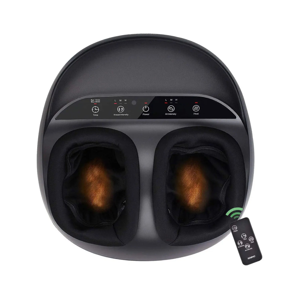 Top-down view of a Renpho EU Shiatsu Foot Massager Premium with two foot slots, control buttons, and LED indicators on the main unit. A small black remote control with buttons for power, mode, and intensity lies beside it. The massager's foot slots are illuminated with a warm orange glow for a deep kneading foot massage to relax your body.