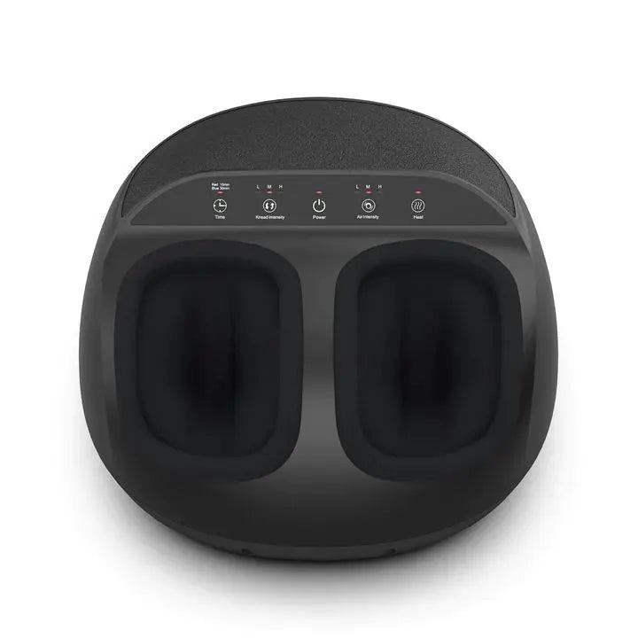 A sleek, modern black electric foot massager with two foot slots. The control panel on top features five buttons with indicator lights: three for heat, massage intensity, and mode; two for power and time. This Shiatsu Foot Massager Premium by Renpho EU offers deep kneading foot massages to help relax your body effortlessly.