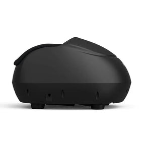 A side profile of a sleek, black virtual reality (VR) headset on a white background. The headset has a curved, ergonomic design with a cushioned area for forehead support, reminiscent of the comfort found in a Shiatsu Foot Massager Premium by Renpho EU. The device has vents and small buttons along its base, and no visible branding or logos.