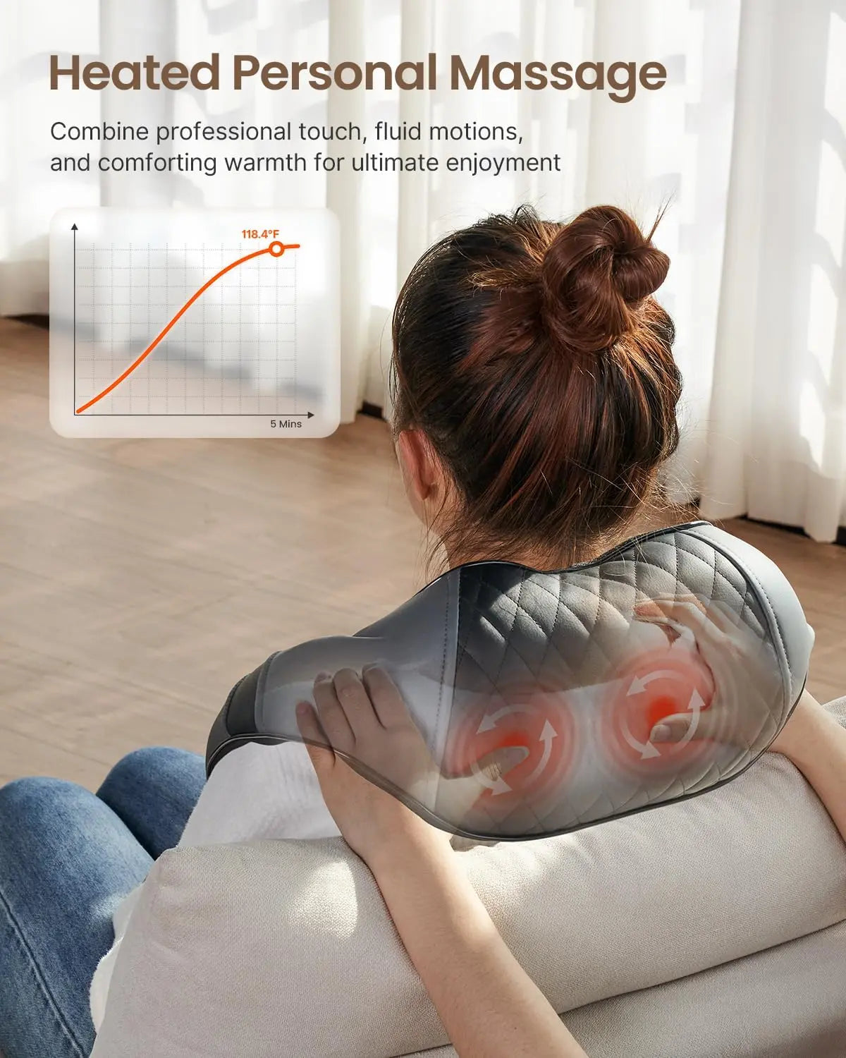 A person sits on a beige couch using a Renpho EU U-Neck 2 Neck & Shoulders Massager with red, rotating mechanisms visible through the device's translucent design. Text above reads, "Heated Personal Massage." An inset graph shows temperature rise over 5 minutes, labeled "65±5℃" for "Heat" and "Time.