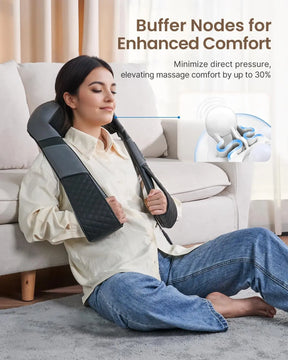 A woman sits on the floor leaning against a couch, eyes closed, using a **U-Neck 2 Neck & Shoulders Massager**. She holds the device with both hands, appearing relaxed. Text in the image reads: "Buffer Nodes for Enhanced Comfort and built-in heating. Minimize direct pressure while elevating massage comfort by up to 30%."
**Brand Name: Renpho EU**
