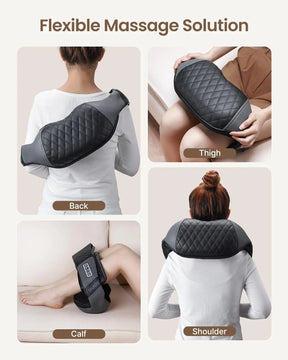 Four images display a person using a U-Neck 2 Neck & Shoulders Massager on different body parts: back, calf, shoulder, and thigh. The black massager by Renpho EU features a quilted pattern and offers multiple speeds for customized relief. Set against a soft beige background, the text at the top reads "Flexible Massage Solution.