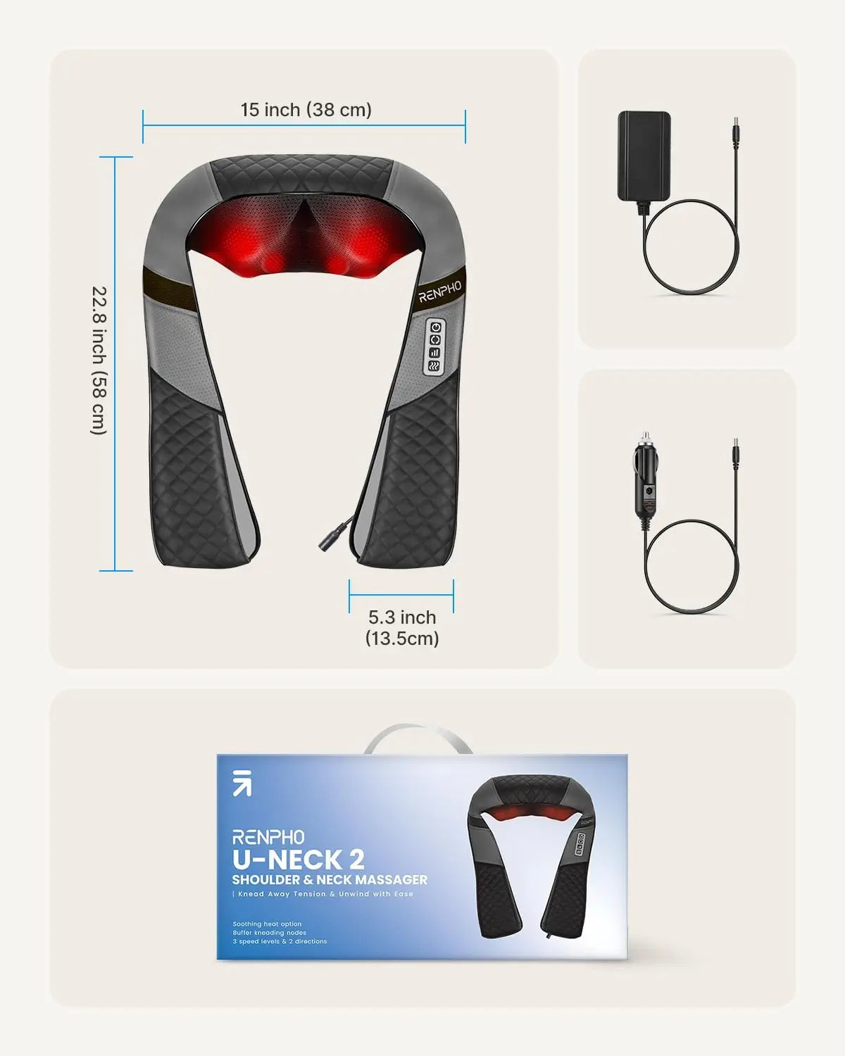 An image of a Renpho EU U-Neck 2 Neck & Shoulders Massager. It displays the device dimensions (15 x 22.8 x 5.3 inches) and includes two smaller pictures of the power adapter and car charger. The lower part shows the product box with an image of the massager, highlighting its multiple speeds and built-in heating features, along with the Renpho EU logo.