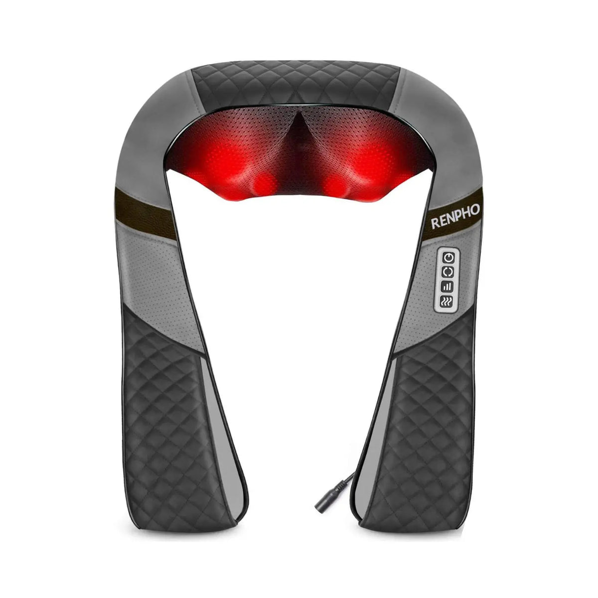 An electric neck and shoulder massager with quilted gray fabric, black accents, and built-in heating, the Renpho EU U-Neck 2 Neck & Shoulders Massager offers a comfortable massage experience. It features buttons for power, mode, and heat settings on the right arm. Four glowing red massage nodes at the top indicate when it is turned on.