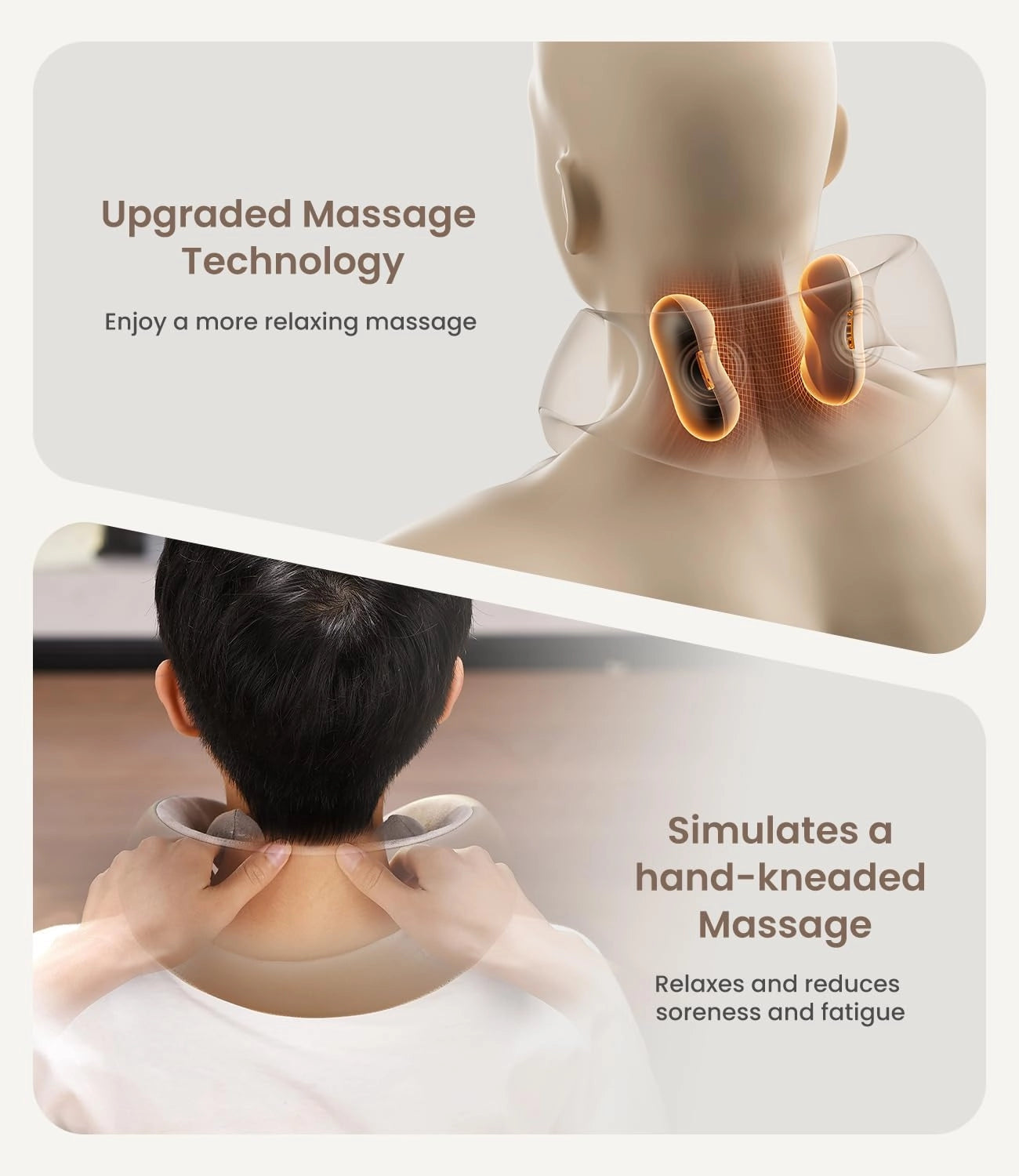 Two images depict a Renpho EU U-Neck Mini Neck Shoulder Massager. The top image shows a transparent view of the massager on a person's neck, highlighting internal components with orange glowing coils. Text reads "Upgraded Massage Technology." The bottom image shows a person enjoying a cordless massage experience, with text stating "Simulates a hand-kneaded Massage.