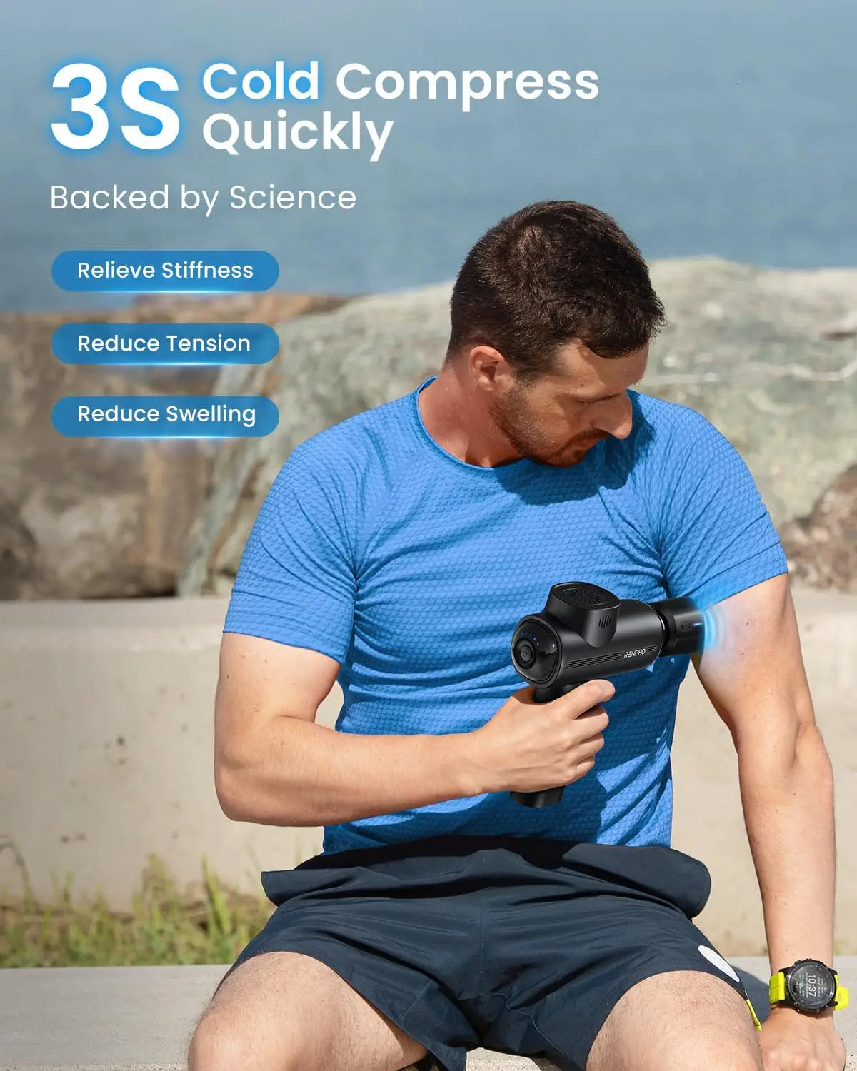 A man in athletic wear uses a RENPHO Active Thermacool Massage Gun by Renpho EU for deep tissue massage on his left arm while seated outdoors. He is wearing a blue shirt and black shorts. The image includes text that reads “3S Cold Compress Quickly. Backed by Science," with bullet points: "Relieve Stiffness," "Reduce Tension," and "Reduce Swelling.