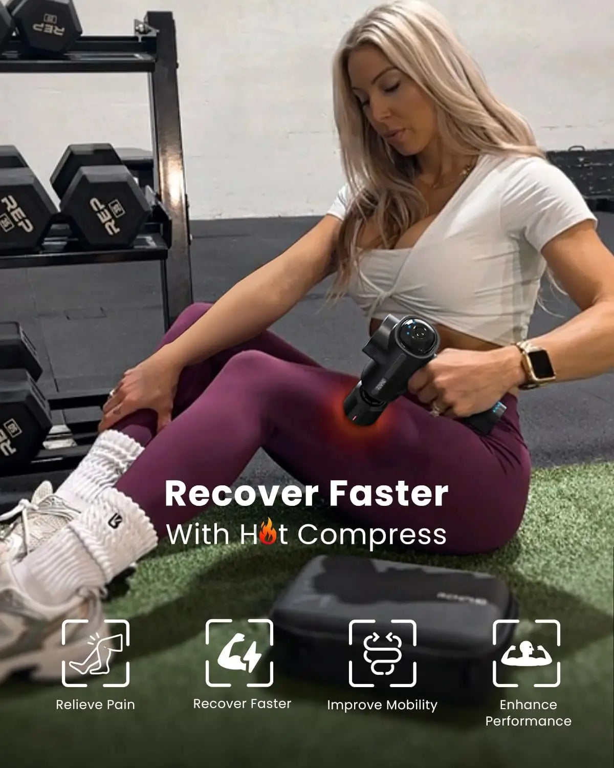 A woman with long blonde hair is seated on the floor in a gym setting, using the RENPHO Active Thermacool Massage Gun from Renpho EU on her thigh to alleviate muscle pain with its hot compress feature. She is wearing a white crop top, maroon leggings, and white leg warmers. Behind her are dumbbells. Text reads "Recover Faster With Hot Compress" and icons indicate benefits.