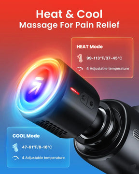 Image of the RENPHO Active Thermacool Massage Gun by Renpho EU showcasing its heat and cool modes for deep tissue pain relief. The predominantly black device features a glowing light indicating an active mode. Text highlights two modes: "HEAT Mode" (99-113°F/37-45°C) and "COOL Mode" (47-61°F/8-16°C), both with four adjustable temperatures for muscle pain.