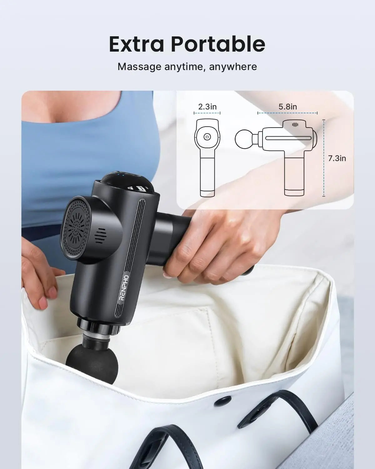 A person places a RENPHO Active Thermacool Massage Gun by Renpho EU into a white bag with black handles. The text "Extra Portable" appears at the top of the image, emphasizing its utility for deep tissue massage. An inset diagram to the upper right shows a labeled sketch of the RENPHO Active Thermacool Massage Gun with dimensions: 2.3 inches wide, 5.8 inches long, and 7.3 inches tall.