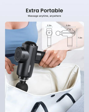 A person is placing a black RENPHO Active Thermacool Massage Gun by Renpho EU into a white bag. Text at the top reads, "Extra Portable. Massage anytime, anywhere." A smaller inset diagram displays the massage gun's dimensions: 2.3 inches wide, 5.8 inches long, and 7.3 inches high. The product features a sleek, modern design for deep tissue relief.