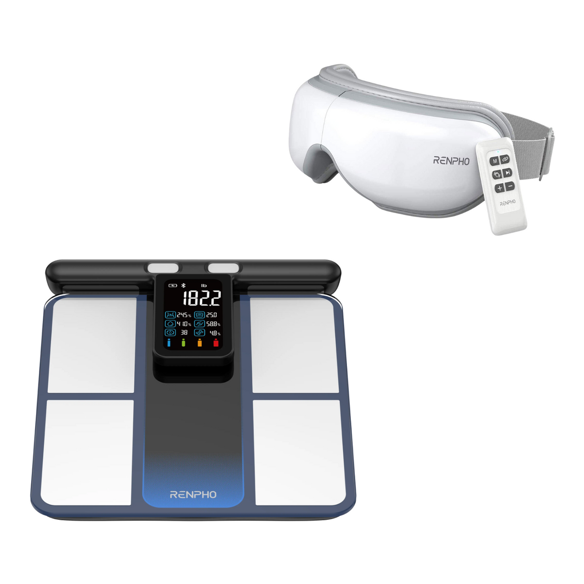 The RENPHO Bundle by Renpho EU includes an electronic smart scale equipped with MorphoScan technology and a digital display on a central unit that shows various health metrics, along with a sleek white RENPHO Eye Massager, featuring an adjustable strap and controls. Both devices proudly display the RENPHO branding.