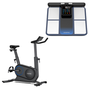 Image of Renpho EU fitness equipment. The lower half shows a stationary Smart Bike with adjustable seat and handlebars. The top half features a smart body scale with an LCD screen displaying weight measurements and icons for other body metrics, also branded Renpho EU. This RENPHO Goal Crushing Bundle offers the ultimate fitness experience.