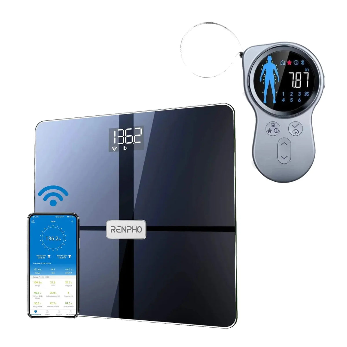 A sleek digital bathroom scale by Renpho EU, displaying a weight of 136.2 lbs., features a modern black glass surface with a central silver RENPHO logo. Alongside it is a smartphone equipped with a health tracking app and an additional circular handheld device showing 787—perfectly complementing the "Reach Your Goal Bundle" for comprehensive health monitoring.