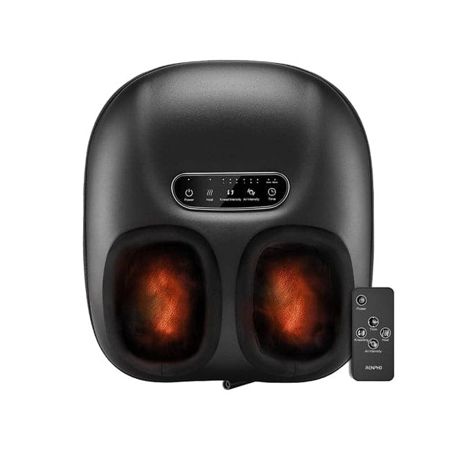 An image of a black Renpho EU Shiatsu Foot Massager Lite with glowing orange heat elements visible inside the massage wells. The device features a digital control panel on top and comes with a wireless remote control, perfect.