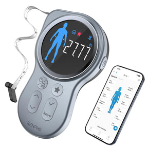 A Renpho EU Smart Tape Measure+ with a keyring is shown alongside a smartphone displaying its app interface. The device, ideal for fitness measurement, features a circular LCD screen showing body measurements and icons, and a metallic body with function buttons below the screen.