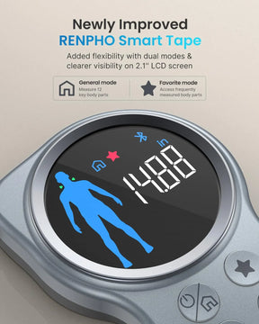 A digital fitness measurement device with a round LCD screen, labeled as the "Smart Tape Measure+" by Renpho EU. The screen shows a silhouette of a human figure with blue accents and the number 14.88 in large digits. Text above highlights features: dual modes and a 2.1" LCD screen.