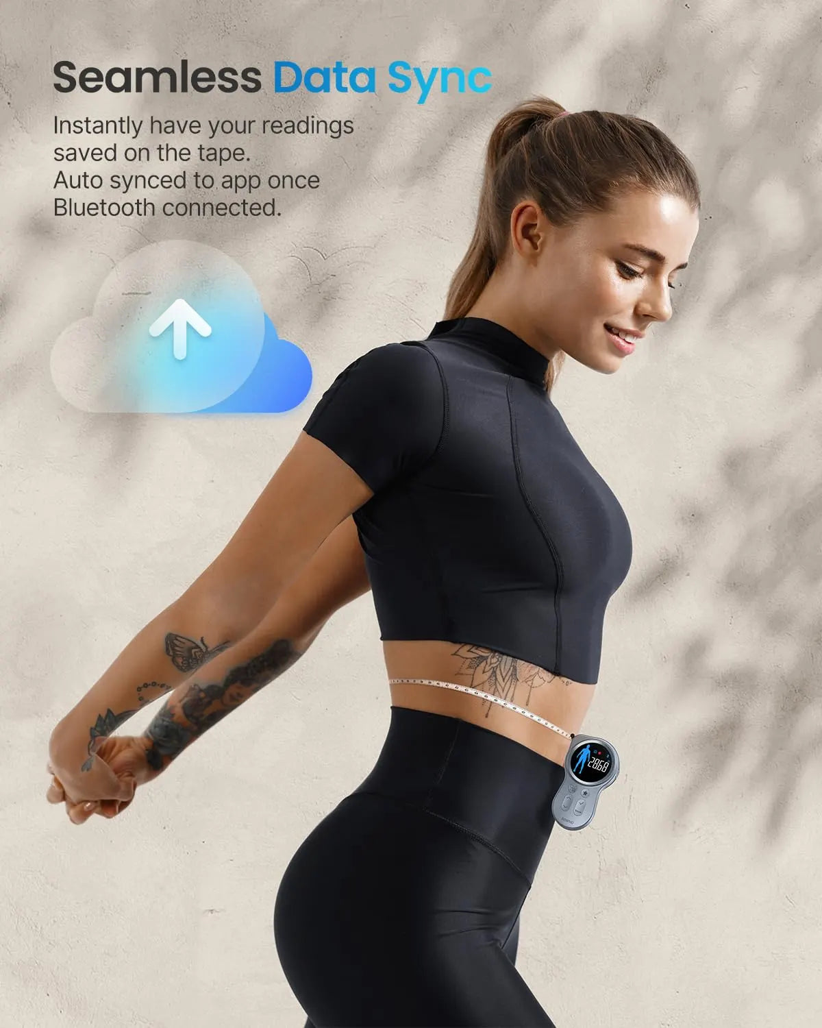 A woman, clad in black athletic wear, stretches with her hands behind her back. She has a Renpho EU Smart Tape Measure+ fastened around her waist, monitoring her fitness metrics. The text on the image reads, "Seamless Data Sync. Instantly save your readings on the tape. Auto-synced to app once Bluetooth connected.