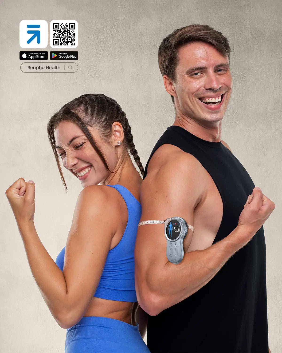 A fit man and woman stand back-to-back, smiling and flexing their biceps. The man wears a black tank top with a Renpho EU Smart Tape Measure+ on his arm. The woman wears a blue sports bra. App download icons for the App Store and Google Play are displayed at the top left.