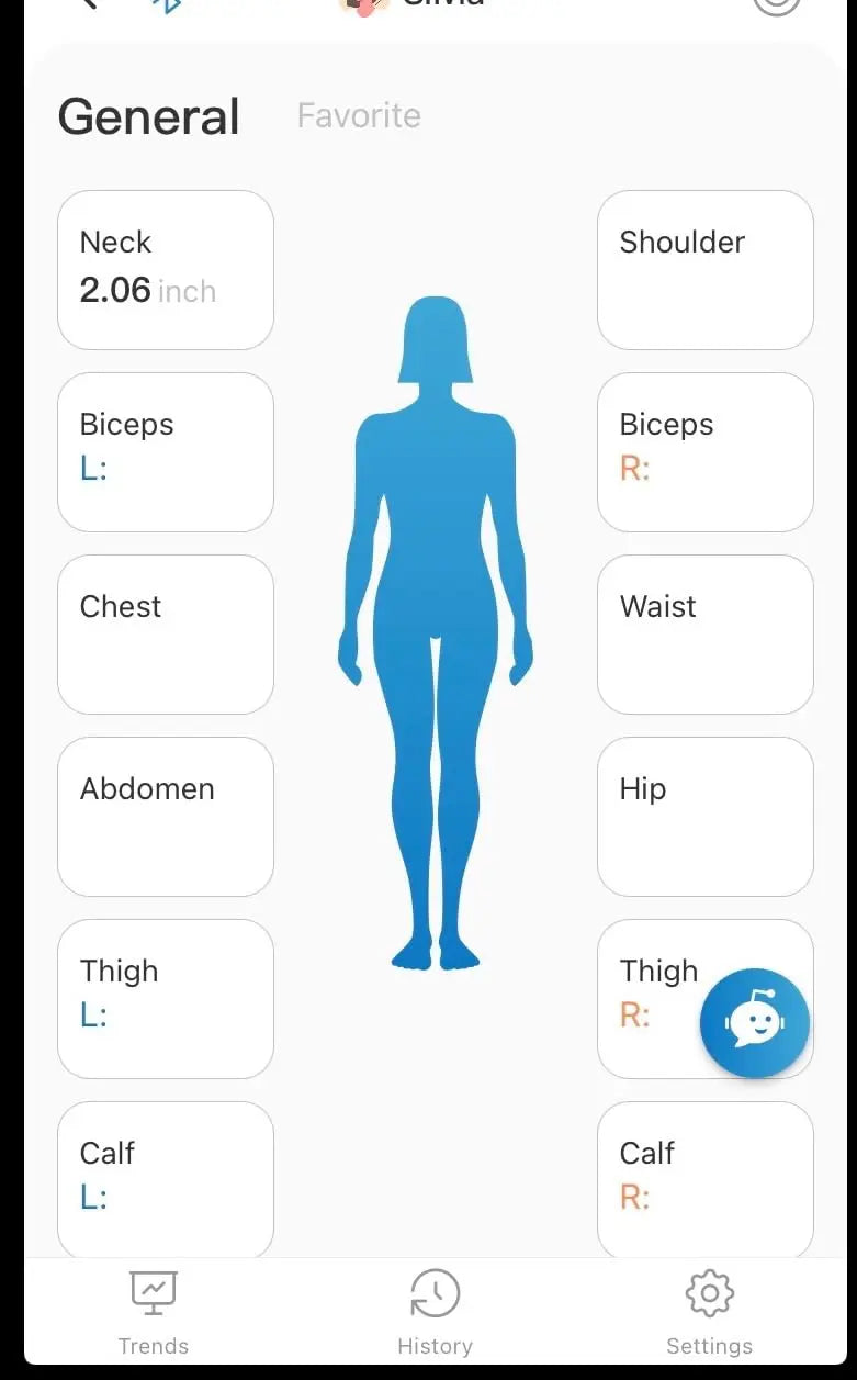 A screenshot of the Renpho EU Smart Tape Measure+ fitness tracking app displays a blue silhouette of a human body in the center, with various body parts such as the neck, biceps (left and right), chest, waist, abdomen, hips, thighs (left and right), and calves (left and right) listed around it. The neck measurement shows 2.06 inches. At the bottom, tabs for Trends can be seen.