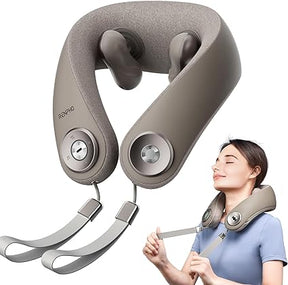 A woman wearing a grey, Renpho EU U-Neck Mini Neck Shoulder Massager with a soft fabric covering. The cordless massager has two large nodes for massaging the neck and shoulders, adjustable straps, and control buttons on both sides. The woman appears relaxed, adjusting the straps with her hands. An enlarged view of the massager is shown above.