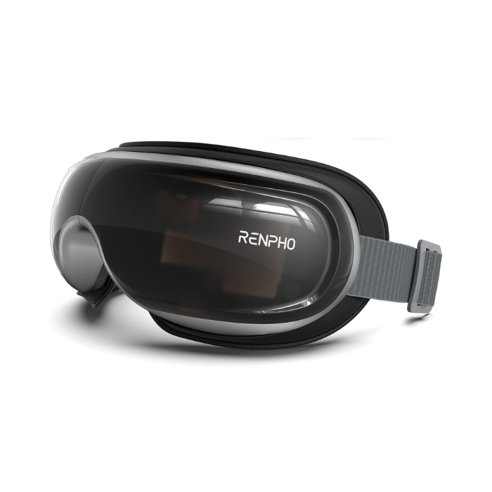 A Renpho EU Eyeris 3 Eye Massager positioned diagonally, featuring a sleek black design with prominent branding on the front and an adjustable gray strap on the top, ideal for migraine relief.