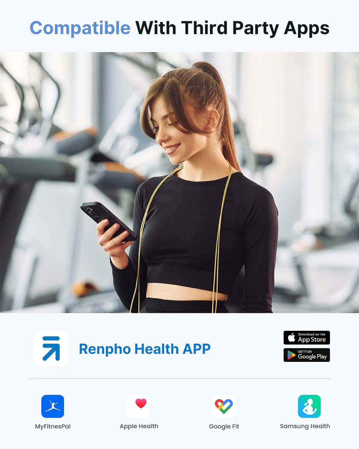 A young woman in a gym, wearing a sports bra and leggings, smiles while looking at her smartphone. Icons below indicate compatibility with various apps, including the Renpho Health app, MyFitnessPal featuring the Elis Aspire Smart Body Scale (Black) by Renpho EU.