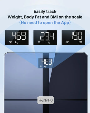 Elis Aspire Smart Body Scale (Black) by Renpho EU displaying weight, body fat percentage, and BMI. The readings are 46.9 kg, 23%, and 19.0 respectively.