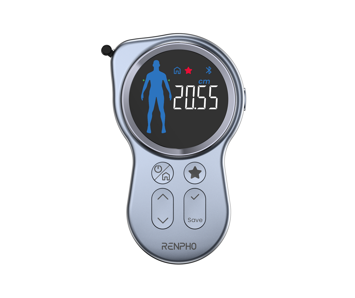 A Renpho EU Smart Tape Measure+ with a keyring is shown alongside a smartphone displaying its app interface. The device, ideal for fitness measurement, features a circular LCD screen showing body measurements and icons, and a metallic body with function buttons below the screen.
