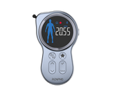 A Renpho EU Smart Tape Measure+ with a keyring is shown alongside a smartphone displaying its app interface. The device, ideal for fitness measurement, features a circular LCD screen showing body measurements and icons, and a metallic body with function buttons below the screen.