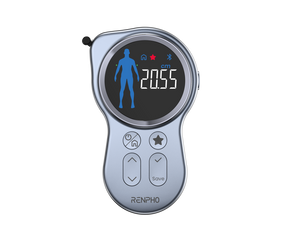 A Renpho EU Smart Tape Measure+ with a keyring is shown alongside a smartphone displaying its app interface. The device, ideal for fitness measurement, features a circular LCD screen showing body measurements and icons, and a metallic body with function buttons below the screen.