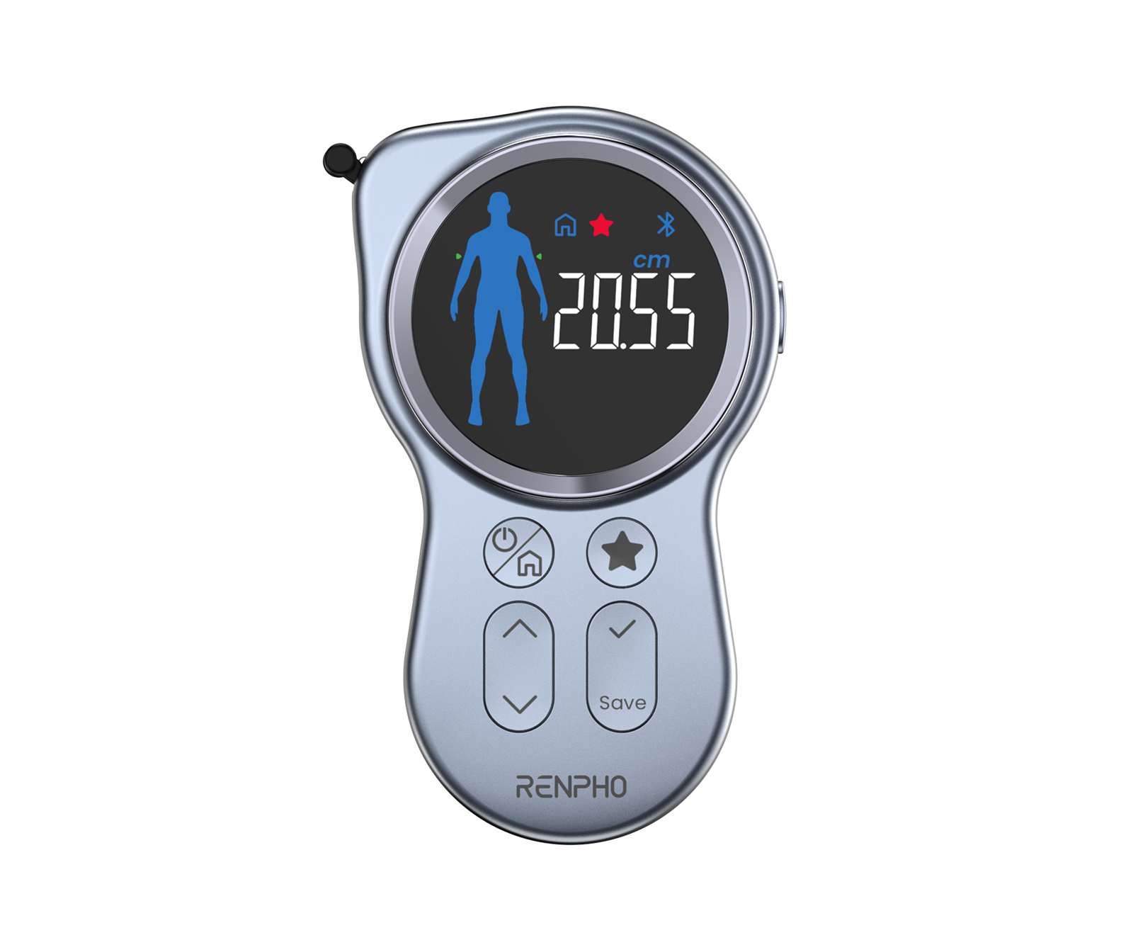 A Renpho EU Smart Tape Measure+ with a keyring is shown alongside a smartphone displaying its app interface. The device, ideal for fitness measurement, features a circular LCD screen showing body measurements and icons, and a metallic body with function buttons below the screen.
