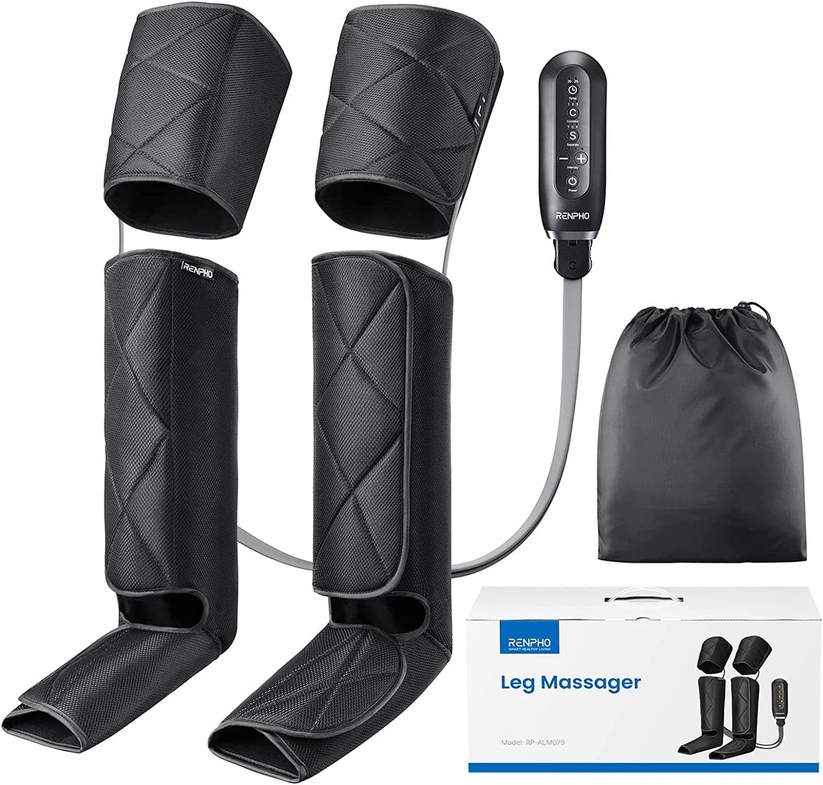 The image shows a Renpho EU Aeria Ultimate 2 Full Leg Massager set, including four black wrap-around leg cuffs, a black handheld control unit with buttons, a gray drawstring storage bag, and a white and blue packaging box. The leg cuffs are designed to be worn on the calves and feet for therapeutic massage.