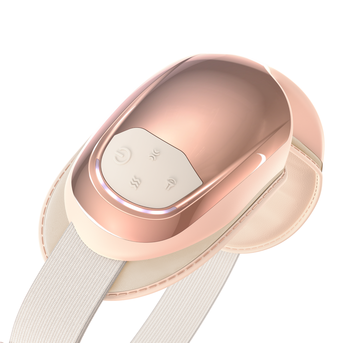 Introducing the Renpho Eyeris 3 Rosé Eye Massager, a sleek and ergonomically designed electronic heating pad in a sophisticated peach color. This eye massager boasts a smooth, glossy finish and features an intuitive control panel with three buttons: a power button and two settings buttons. It comes attached to a flexible white strap for secure placement, making it ideal for enhancing your eye care routines. (A)