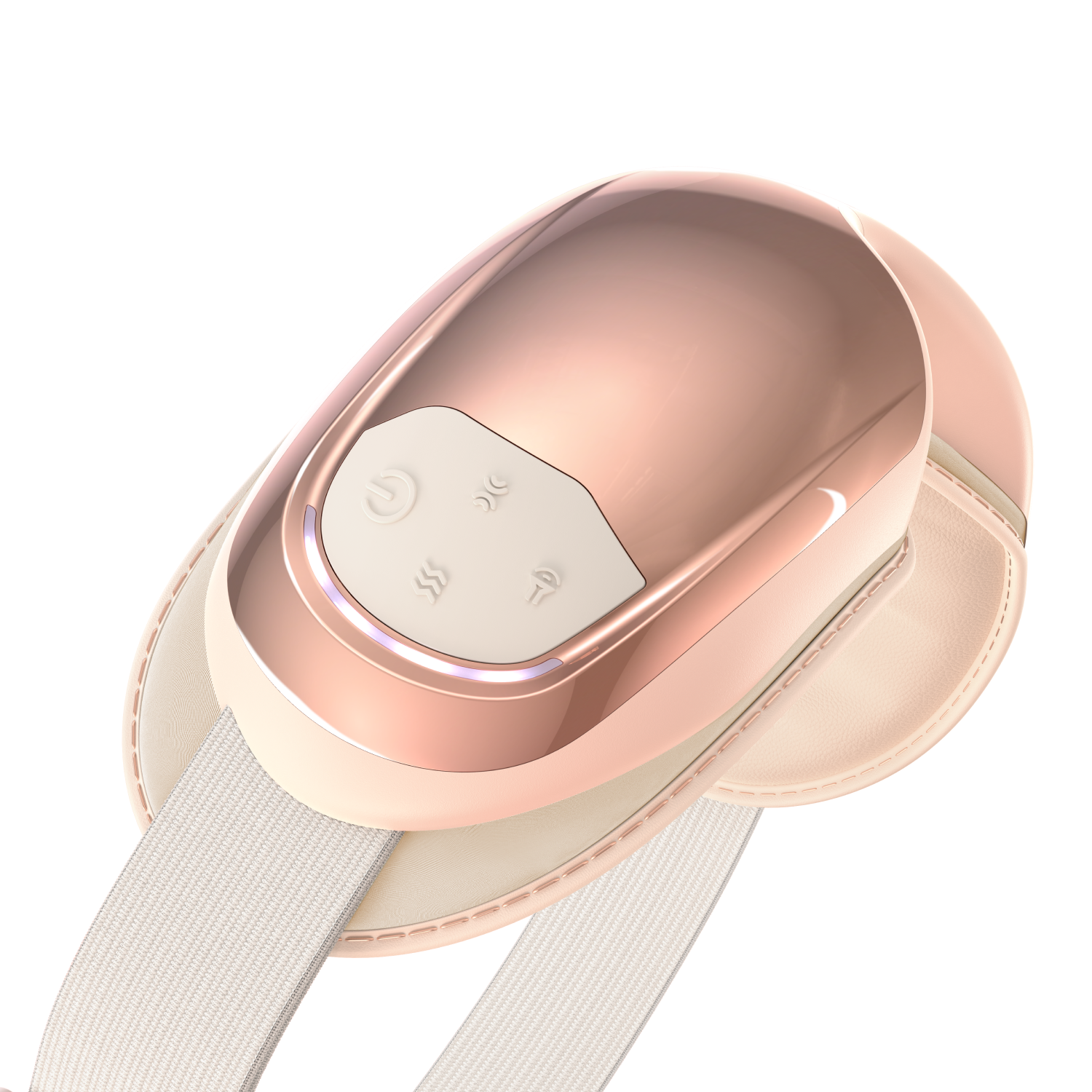 Introducing the Renpho Eyeris 3 Rosé Eye Massager, a sleek and ergonomically designed electronic heating pad in a sophisticated peach color. This eye massager boasts a smooth, glossy finish and features an intuitive control panel with three buttons: a power button and two settings buttons. It comes attached to a flexible white strap for secure placement, making it ideal for enhancing your eye care routines. (A)