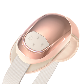 Introducing the Renpho Eyeris 3 Rosé Eye Massager, a sleek and ergonomically designed electronic heating pad in a sophisticated peach color. This eye massager boasts a smooth, glossy finish and features an intuitive control panel with three buttons: a power button and two settings buttons. It comes attached to a flexible white strap for secure placement, making it ideal for enhancing your eye care routines. (A)