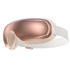 The image shows the Eyeris 3 Rosé Eye Massager by Renpho, featuring a sleek rose gold finish and an adjustable white strap. The front panel is reflective and smooth, prominently displaying the Renpho logo in white. Integrating eye care and acupressure techniques, this massager boasts a modern ergonomic design for comfort and relaxation. (A)