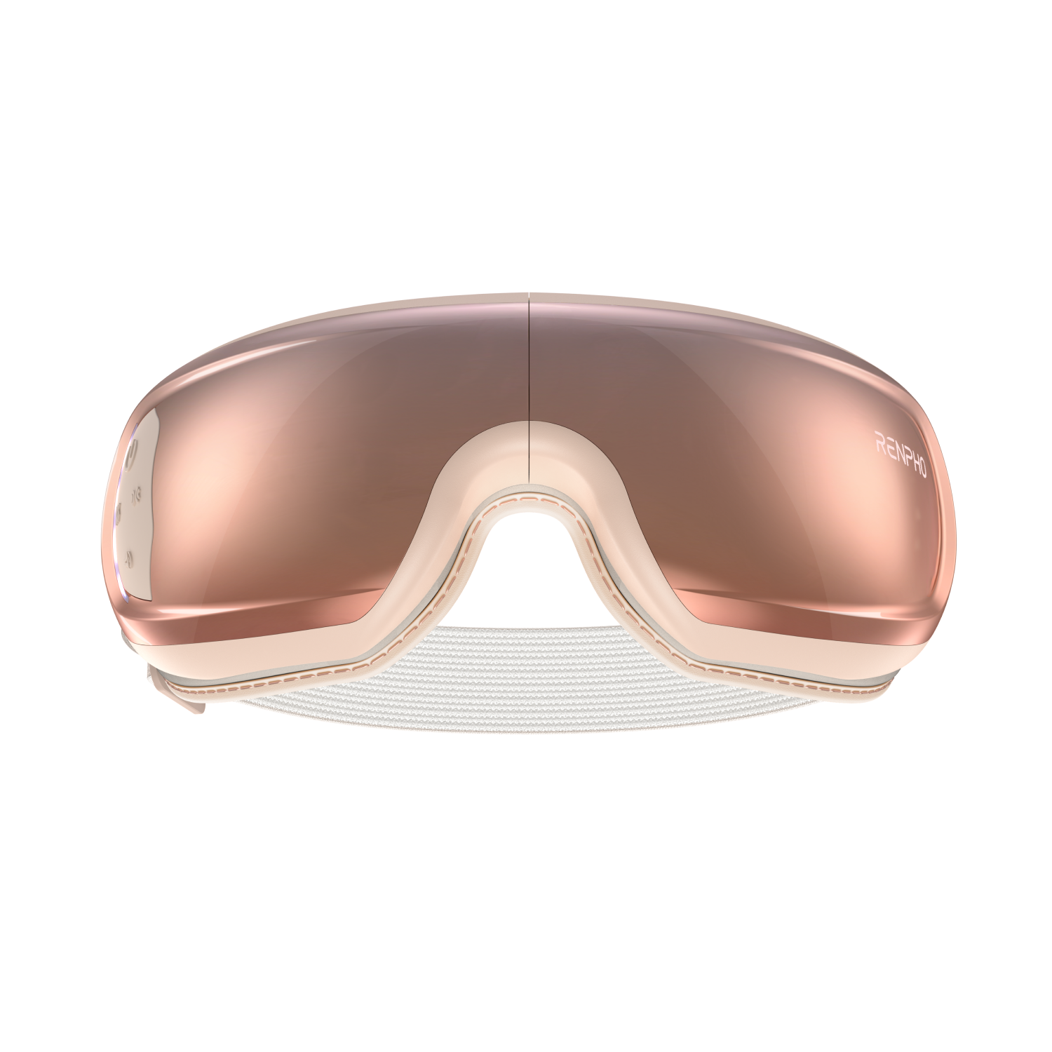 A front view of the sleek Renpho Eyeris 3 Rosé Eye Massager with a reflective rose-gold lens. The device features a light beige frame and a partially visible white adjustable strap, offering a seamless and modern appearance that also promotes eye care. (A)