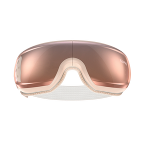 A front view of the sleek Renpho Eyeris 3 Rosé Eye Massager with a reflective rose-gold lens. The device features a light beige frame and a partially visible white adjustable strap, offering a seamless and modern appearance that also promotes eye care. (A)