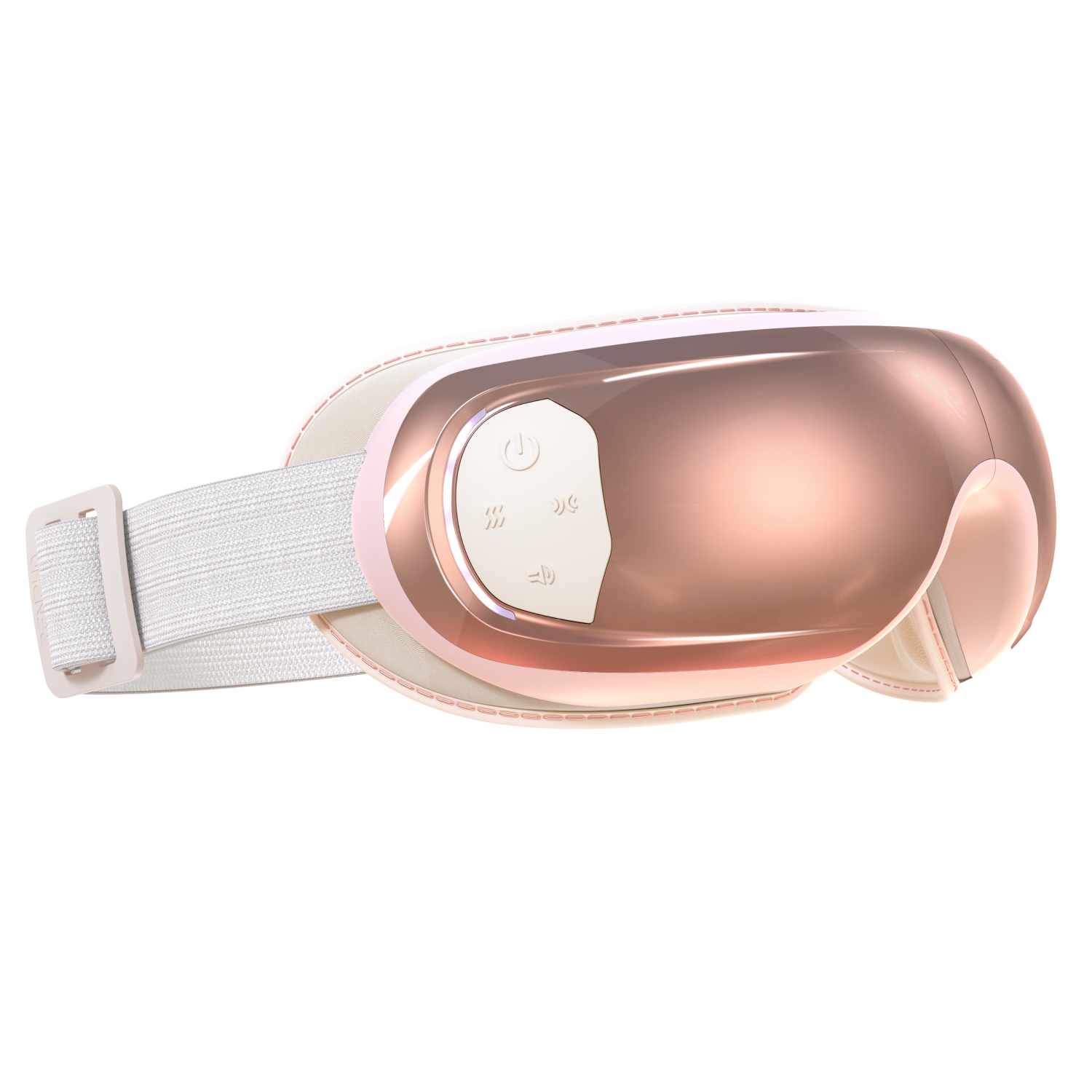 The Renpho Eyeris 3 Rosé Eye Massager is a rose gold and white electronic eye mask with a white adjustable velcro strap, designed for optimal eye care. The front panel features buttons for power, settings, and Bluetooth. Its sleek design has a glossy finish, giving it a modern, high-tech appearance. (A)