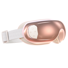 The Renpho Eyeris 3 Rosé Eye Massager is a rose gold and white electronic eye mask with a white adjustable velcro strap, designed for optimal eye care. The front panel features buttons for power, settings, and Bluetooth. Its sleek design has a glossy finish, giving it a modern, high-tech appearance. (A)