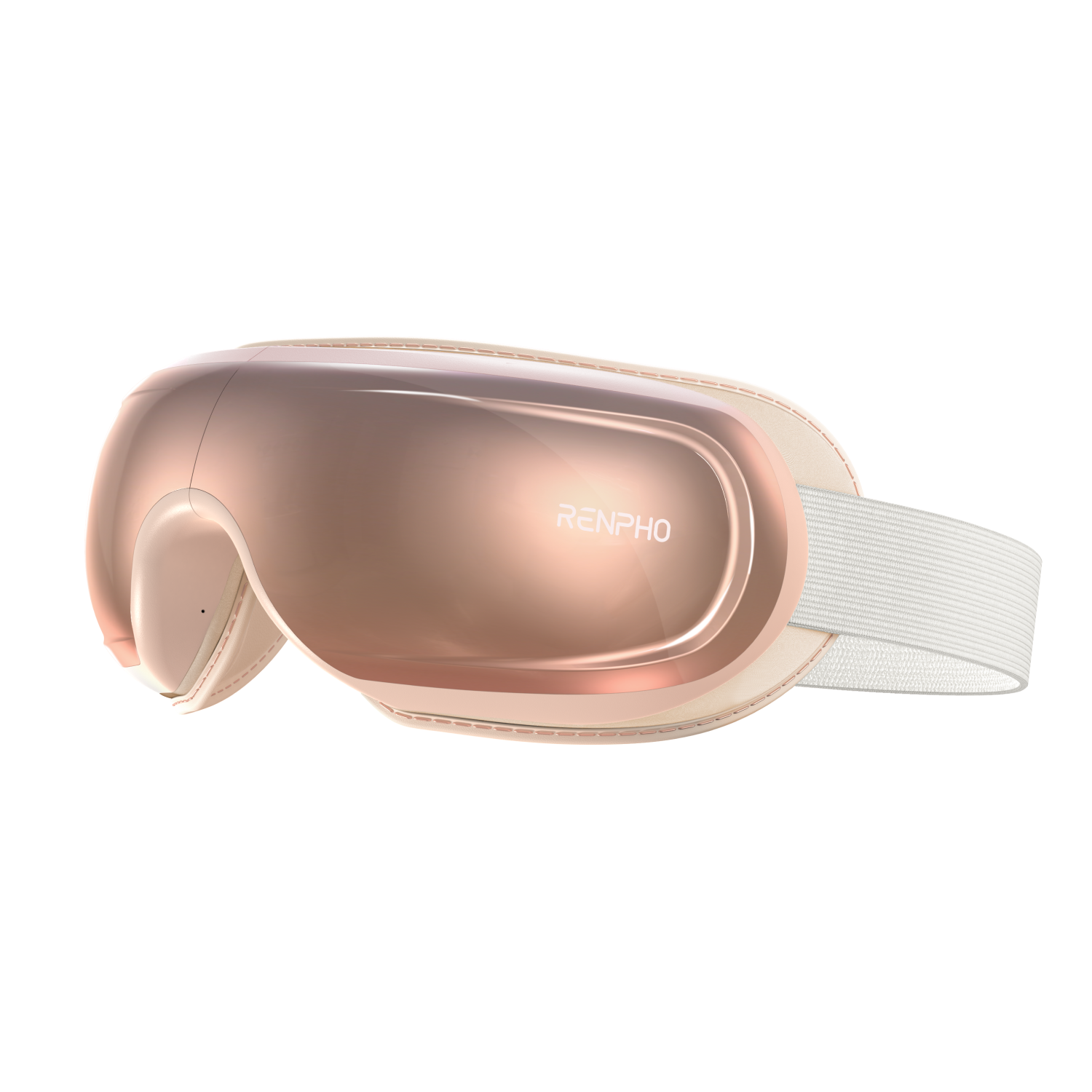 A pair of sleek, metallic pink Eyeris 3 Rosé Eye Massager goggles with a white adjustable strap from Renpho. Combining eye care and acupressure, the goggles feature a smooth, curved design and a reflective surface on the front. The brand name "Renpho" is displayed on the right side of the goggles. (A)