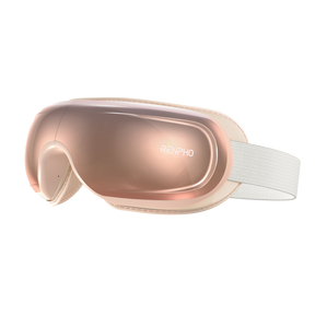 A pair of sleek, metallic pink Eyeris 3 Rosé Eye Massager goggles with a white adjustable strap from Renpho. Combining eye care and acupressure, the goggles feature a smooth, curved design and a reflective surface on the front. The brand name "Renpho" is displayed on the right side of the goggles. (A)