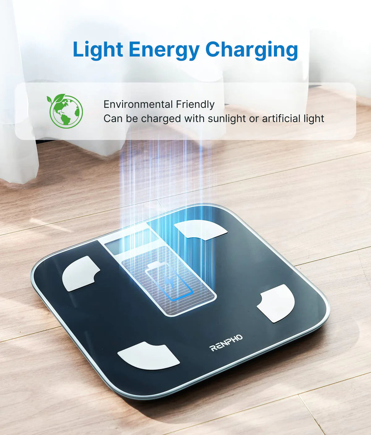 An image of a sleek, modern Elis Solar Smart Body Scale by Renpho EU on a wooden floor illuminated by sunlight, featuring a graphic overlay of a glowing blue light to represent its light energy charging capability. The text highlights its