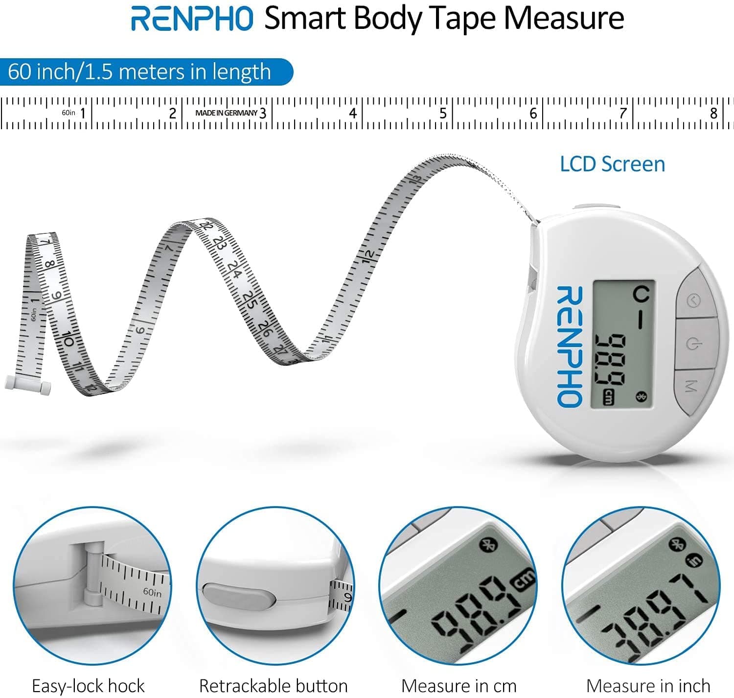Cinta métrica Smart RENPHO con Bluetooth para Medir Cuerpo Ganar Músculo  Culturismo en Pulgadas y CM Blanco RENPHO RO-846657